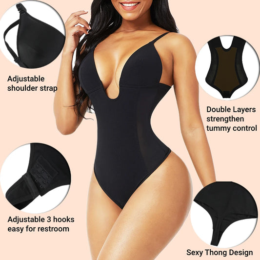 Fajas Colombianas Bodysuit Shapewear Deep V-Neck Body Shaper Backless U Plunge Thong Shapers Waist Trainer Push up Women Corset